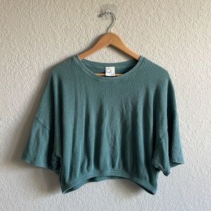 Aerie Offline Teal/Green Cable Knit Short Sleeve Cropped Shirt Size L